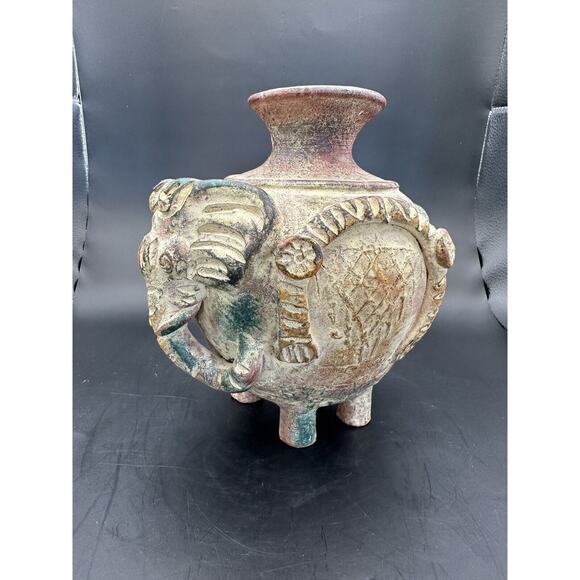 Decorative Terra Cotta Painted Pottery Elephant Vase 7 Inches Brown Green Red - Picture 2 of 9